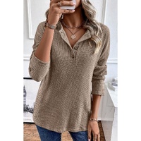 Pale Khaki Rib Textured Henley Knit Top - L thumbnail