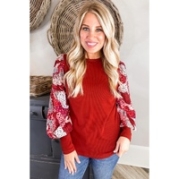 Fiery Red Contrast Mixed Animal Print Lantern Sleeve Patchwork Top - M thumbnail
