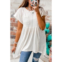 White Hollow Knit Splicing Keyhole Back Tunic Top - L thumbnail