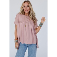 Light Pink Ruffled Trim Loose Babydoll Tee - L thumbnail