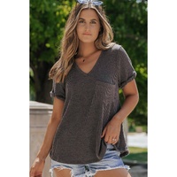 Carbon Grey Twist Short Sleeve Corded V Neck Top - M thumbnail