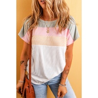 White Ribbed Color Block Patchwork T-shirt - M thumbnail