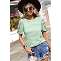 Mist Green Textured Round Neck Short Puff Sleeve Top - L thumbnail
