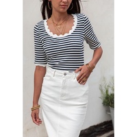 Black Striped Contrast Scallop Trim Half Sleeve T-shirt - XL thumbnail