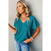 Blue Sapphire Crinkled V Neck Wide Sleeve T-shirt - M thumbnail
