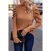 Chestnut Solid Color Textured Buttoned Gigot Sleeve Top - L thumbnail