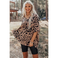 Brown Leopard Print V Neck Half Sleeve Oversized Tee - L thumbnail