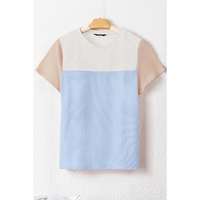 Light Blue Rib Textured Colorblock T Shirt - L thumbnail