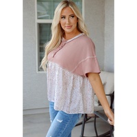 Pink Waffle Floral Patchwork Exposed Seam Detail Short Sleeve Top - L thumbnail