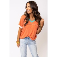 Grapefruit Orange Contrast Trim Exposed Seam V Neck T-shirt - S thumbnail