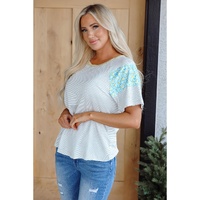 White Stripe Floral Insert Sleeves Contrast Round Neck Tee - L thumbnail
