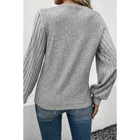 Azura Exchange Light Grey Buttoned V Neck Ribbed Puff Sleeve Top - S thumbnail