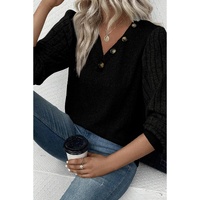 Azura Exchange Black Buttoned V Neck Ribbed Puff Sleeve Top - S thumbnail