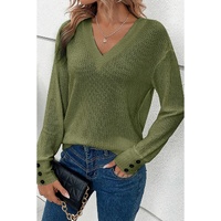 Jungle Green Textured Knit V Neck Button Cuffs Long Sleeve Top - S thumbnail