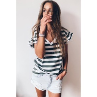 Sea Green Striped V Neck Ruffle Sleeve Top - L thumbnail