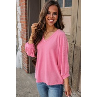 Strawberry Pink Striped Print Bracelet Sleeve V Neck Top - L thumbnail