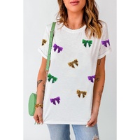 White Mardi Gras Sequin Bow Knot Crew Neck T Shirt - XL thumbnail