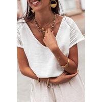 White Lace Crochet Textured Button Back V Neck T Shirt - XL thumbnail