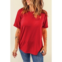 Red Casual Plain Crew Neck Tee - 2XL thumbnail