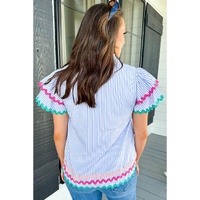 Sky Blue Stripe Ricrac Trim Split Neck Striped Ruffled Sleeve Blouse - L thumbnail