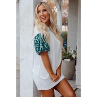 White Contrast Floral Puff Sleeve Oversized Top - M thumbnail