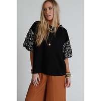 Black Contrast Floral Puff Sleeve Oversized Top - S thumbnail