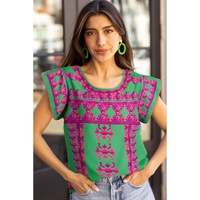 Rose Boho Abstract Print U Neck Cap Sleeve T Shirt - M thumbnail