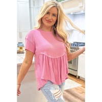 Peach Blossom Subtle Ribbed Short Sleeve Babydoll Top - L thumbnail