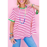 Rose Stripe Contrast Trim Crew Neck Loose Short Sleeve Top - L thumbnail