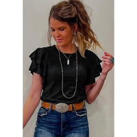 Black Layered Ruffle Short Sleeve Round Neck Top - L thumbnail