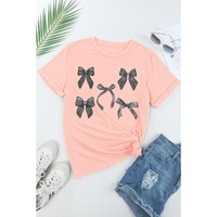 Pink Bow Knots Print Slim Fit Crew Neck T Shirt - L thumbnail