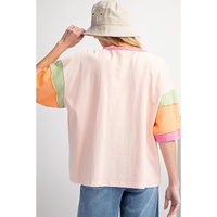 Pink Color Block Stitching Sleeve Round Neck Oversize Top - 2XL thumbnail