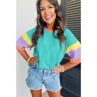 Light Blue Color Block Stitching Sleeve Round Neck Oversize Top - L thumbnail