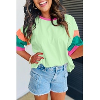 Green Color Block Stitching Sleeve Round Neck Oversize Top - L thumbnail