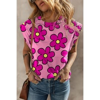 Pink Flower Print Round Neck Cap Sleeve T Shirt - L thumbnail
