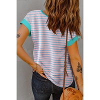 Pink Stripe Contrast Trim Half Zip Short Sleeve Top - L thumbnail