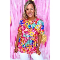 Rose Floral Print Short Sleeve Pleated Babydoll Top - M thumbnail