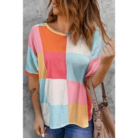 Light Blue Waffle Knit Colorblock Loose T Shirt - S thumbnail
