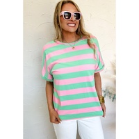 Pink Stripe Colorblock Cuffed Sleeve Loose Tee - M thumbnail