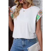 White Floral Crochet Sleeve Crew Neck Top - XL thumbnail