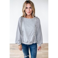 Light Grey Waffle Patchwork Long Sleeve Raw Hem Pullover Top - L thumbnail