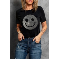 Black Sparkle Rhinestone Smile Face Graphic T Shirt - L thumbnail