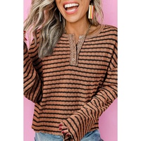 Brown Stripe Textured Frilly Trim Buttons Henley Long Sleeve Top - L thumbnail