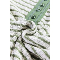 Green Stripe Textured Frilly Trim Buttons Henley Long Sleeve Top - L thumbnail