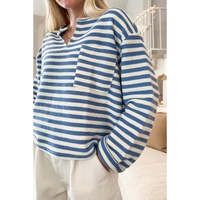 Sky Blue Stripe Chest Pocket Buttoned Back Notched V Neck Top - L thumbnail