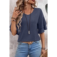 Sail Blue Solid Colour V-Neck Double Layer Sleeve Loose T-Shirt - L thumbnail