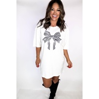 White Striped Bow Knot Half Sleeve Tunic T Shirt - M thumbnail