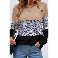 Black Cheetah Textured Patchwork Buttoned Round Neck T Shirt - L thumbnail