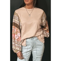 Parchment Contrast Floral Patchwork Puff Sleeve Waffle Knit Top - L thumbnail