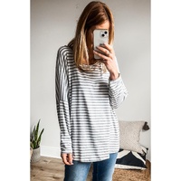 Gray Stripe Drop Sleeve Round Neck Oversized Long Sleeve Top - L thumbnail